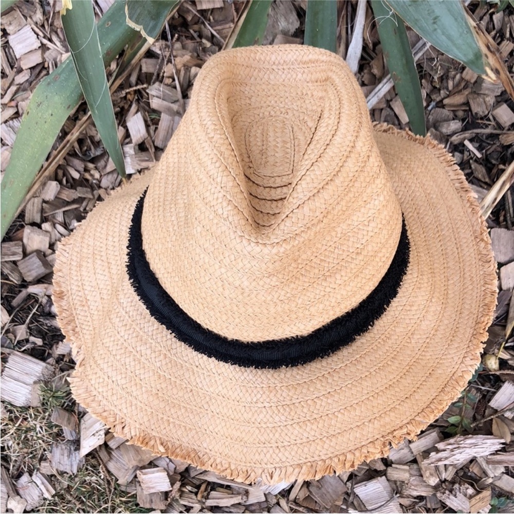 Shiraleah 100% Paper Hat-Tan with Black Ribbon Brim Detail-EUC